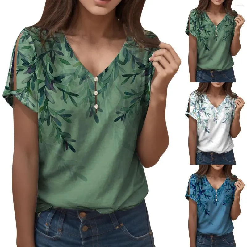 女性の Tシャツ女性の夏カジュアル中空半袖 V ネックボタントップシャツプリントレディースポリエステルスパンデックス