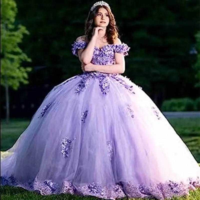 الزهور الزهرية ليلاك quinceanera فساتين قبالة الكتف الطابق حفلة موسيقية حلوة 15 فتيات الحفلات فستان الزهور تول فيديدو دي vx anos