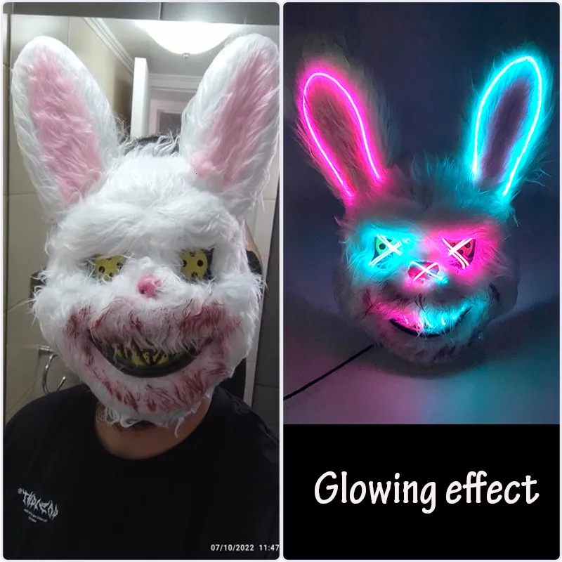 Party Maskers Ontwerp Scary Neon Glowing Party Bloody Rabbit Cosplay Bunny Masker Halloween Carnaval Kostuum Lichtgevende Rekwisieten Party LED Masker 230706