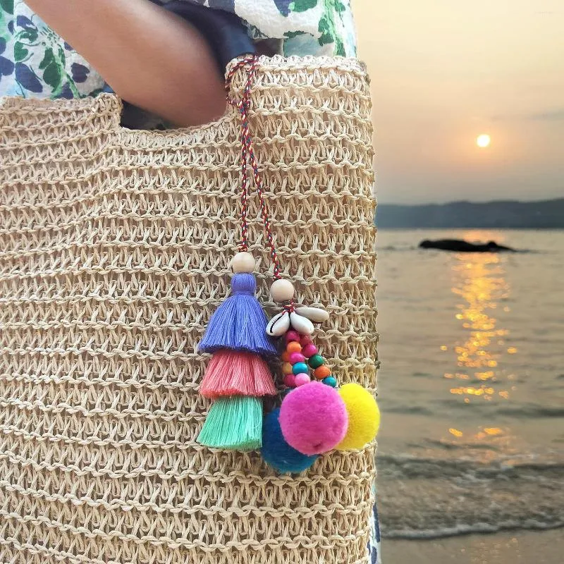 Porte-clés mexicain porte-clés sacs à main sac pendentif décoration accessoires bohème voiture coquille gland pompon perlé breloques porte-clés