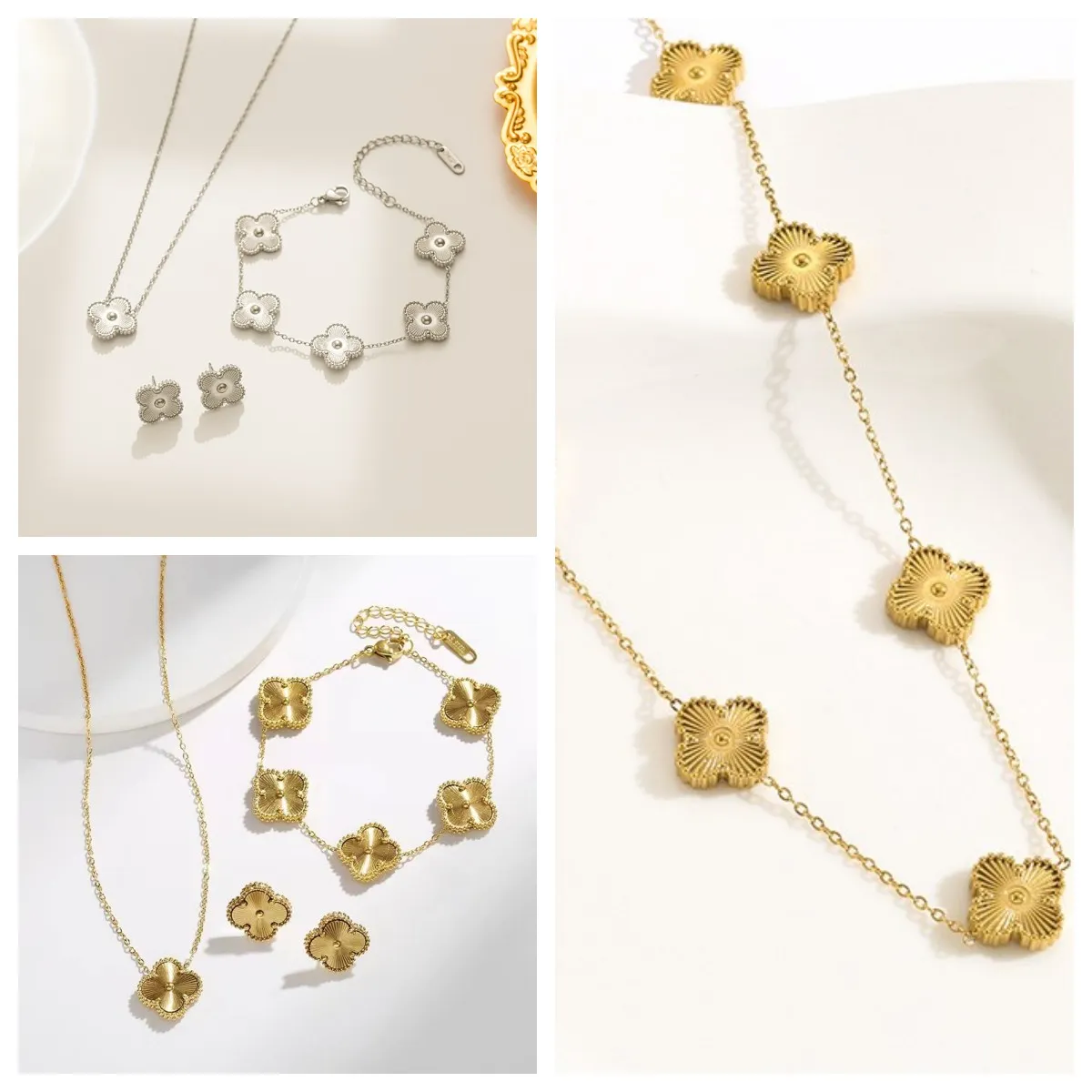 Lucky Clover Jewelry Set: Four Leaf Clover Necklace, Bracelet Earrings  Gold Silver Plated Women's Pendant, Engagement Party Gifts