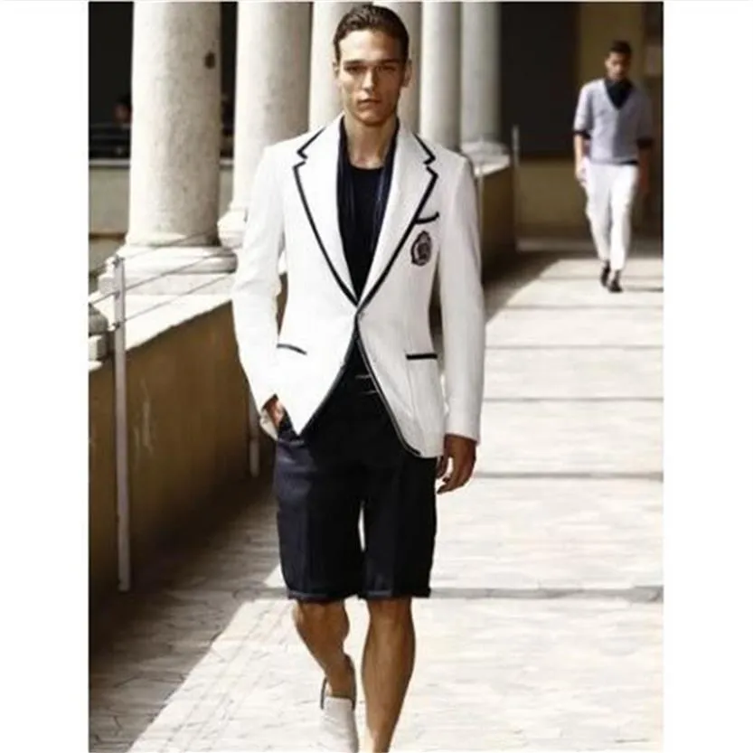 Summer Stylish White Men Suit Short Black Pant Casual Suits For Man 2 Piece Tuxedo Terno Masculino Blazer Dress Jacket Pant254F