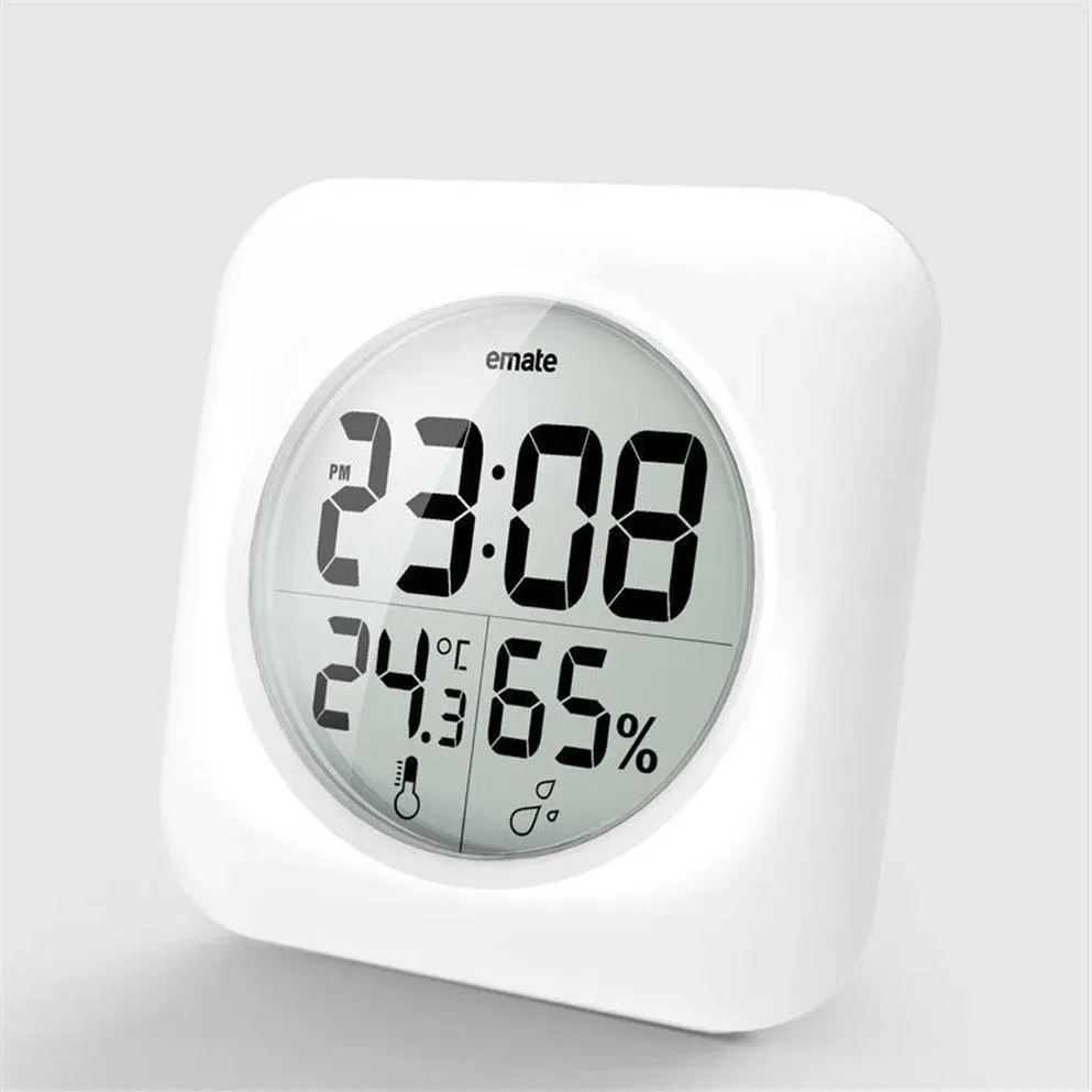 Emate Mode Waterdicht Douche Tijd Horloge Digitale Badkamer Keuken Wandklok Zilver Grote Temperatuur en Vochtigheid Display323h