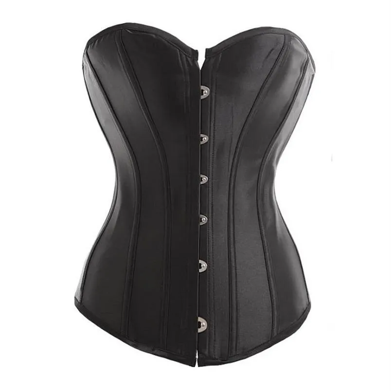 Sexy Women Preto Strapless Satin Boneed Corset Top Overbust Bustier Fivela de Aço Frente e Laço nas Costas 8198170A