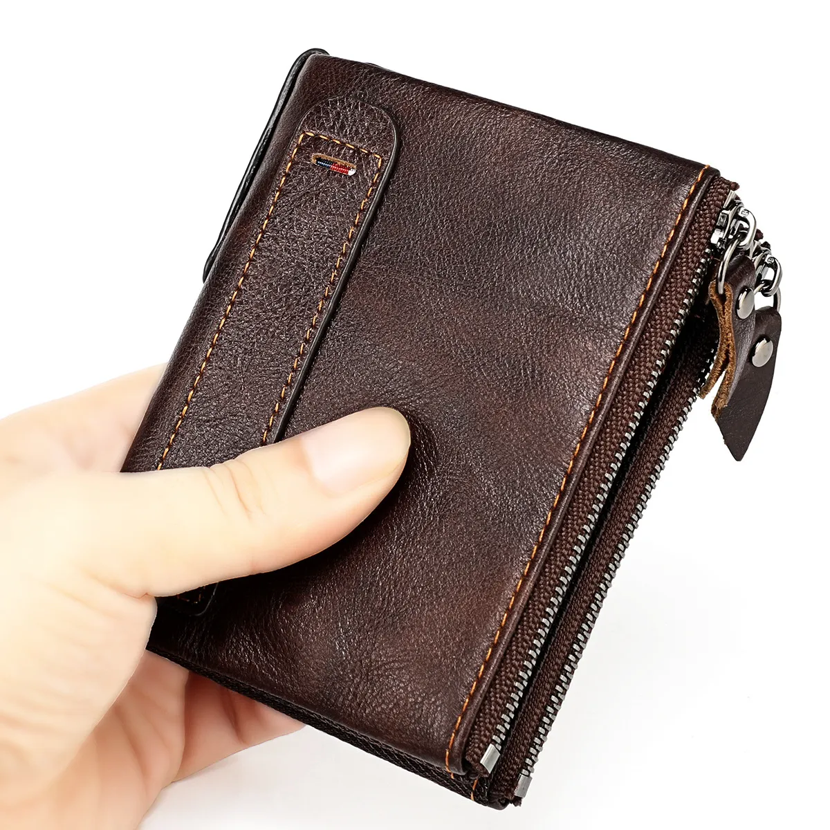 Plånböcker i äkta läder för kvinnor män Liten Rfid-plånbok Kort tvåfaldig korthållare herrplånbok med 3 dragkedjefickor Myntväska