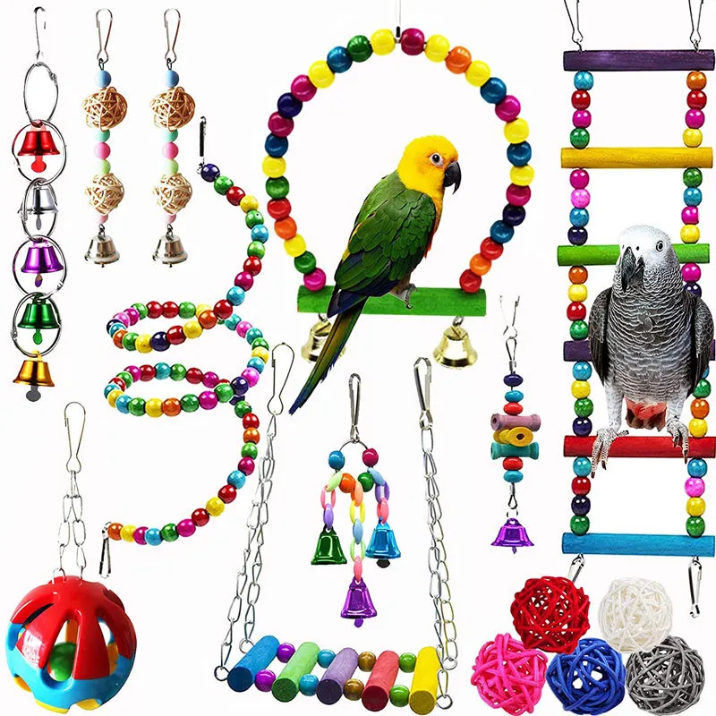 Ensemble de jouets à mâcher pour balançoire pour perroquets en bois naturel avec hamac, échelles d'escalade, jouets colorés pour cage à oiseaux pour petites perruches, calopsitte, aras