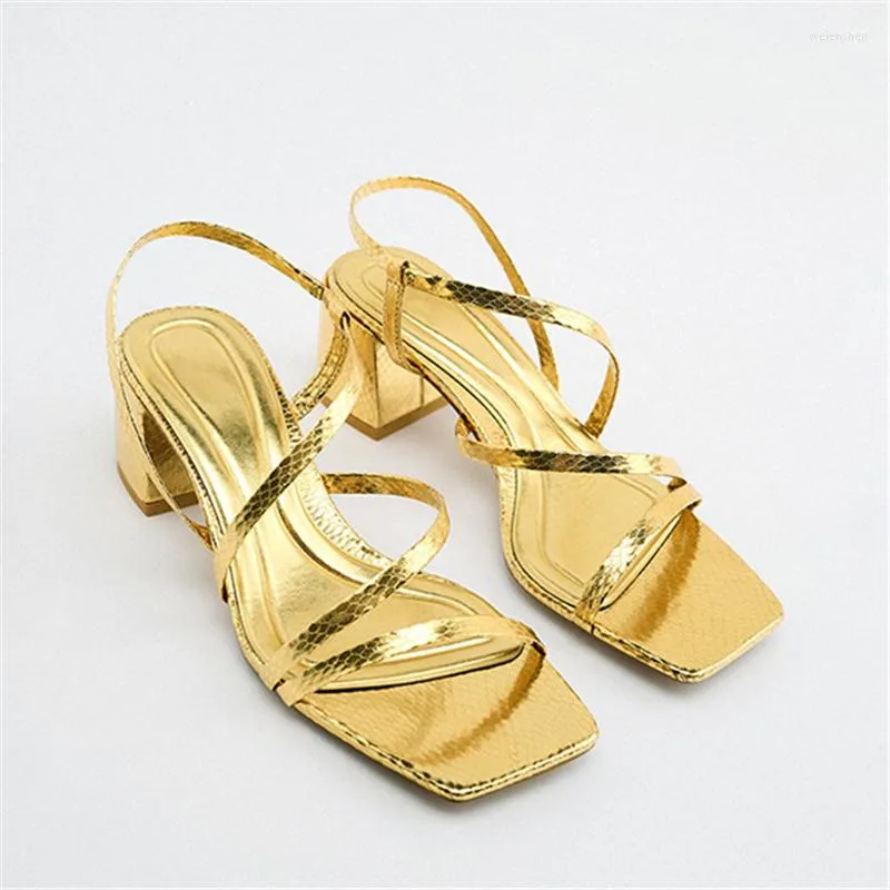 Sandalen Goud Damesschoenen Zomer 2023 Vierkante Neus Gladiator Sandalias Casual Bandjes Zapatos Mujer Dames Chunky Hoge Hakken