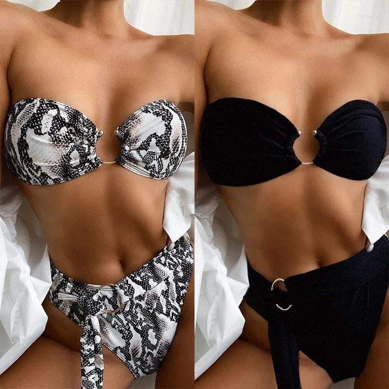 Maillots De Bain Femme Sexy 2 Pcs Bikini Ensemble Sans Bretelles Soutien-Gorge Bandeau Imprimé Peau De Serpent Push Up Maillot De Bain Coupe Haute Ceinture Triangle Bas De Bain