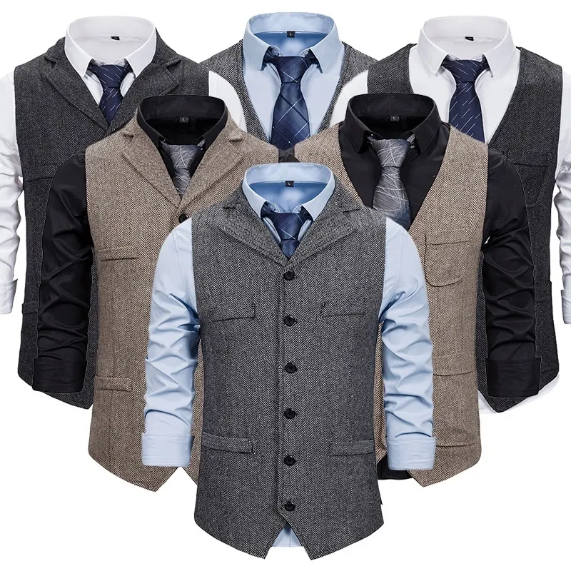 Hommes Gilets Costume Gilet Marron Laine Tweed D'affaires Gilet Veste Casual Slim Fit Gilet Homme Pour Groosmen Homme De Mariage 230705