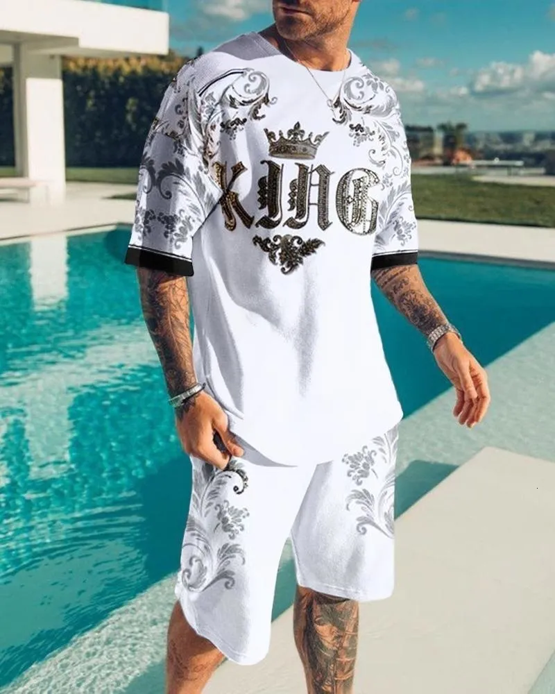 Mens Tracksuits King T Shirt يضع الرجال الصيفي للملابس الرياضية للقطعة 2 قطعة من القصيرة غير الرسمية 3D Print Street Fashion Clothing 230706