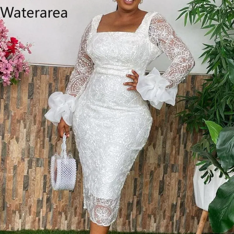 Casual Dresses Waterare Elegant Lace Sequined Square Collar Long Sleeve White Dress For Women Slim Vintage Sexy Wedding African Clothes