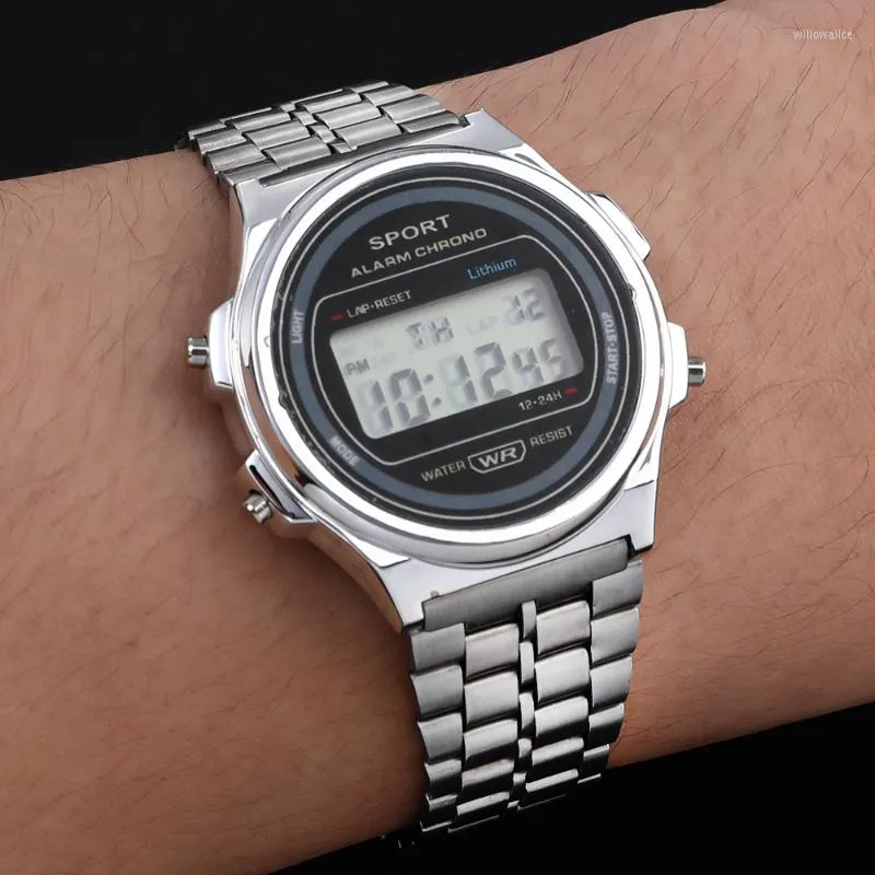 Zegarki na rękę Moda F91W Stalowy pasek Zegarek Retro Okrągły LED Sport cyfrowy Elektroniczny zegar na rękę Panie dla mężczyzn Zegarki biznesowe