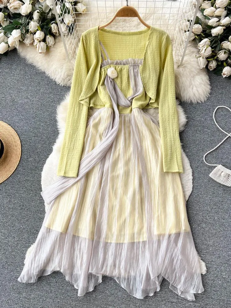 Casual Dresses EWQ Sweet Style Y2K Vestidos 2023 Summer Women's Dress Chiffon Mesh Patchwork Long-sleeve High Waist A-line 27SN1713