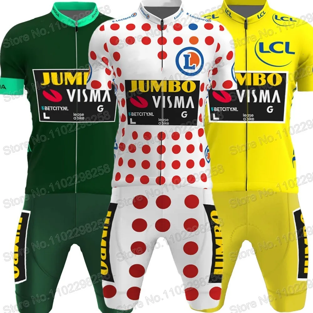 Wielerkleding Sets Frankrijk Tour Jumbo Visma TDF Set Groen Geel Korte Kleding Racefiets Shirts Pak Fiets Shorts MTB Ropa 230706