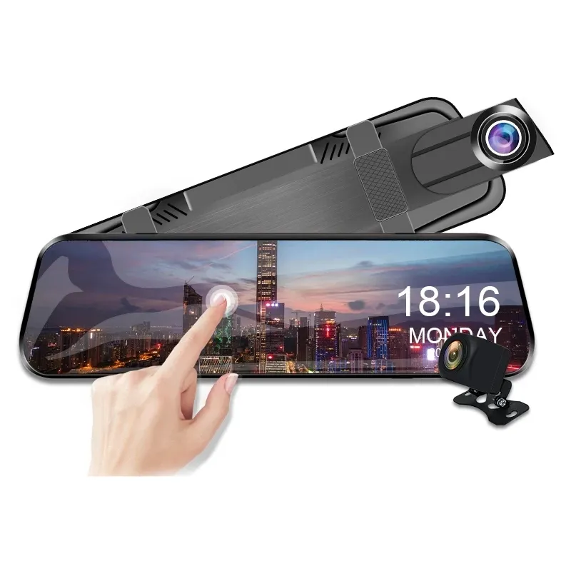 10" IPS Touch Screen Car DVR Stream Media Mirror Rearview Camera 2Ch Dual Lens Front 170° Rear 140° Wide View Angle Full HD 1080P