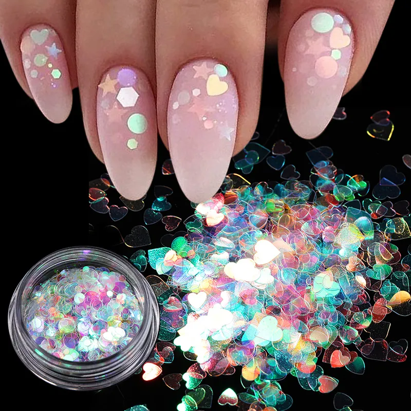 Nail Glitter 1 Box Runt Hjärta Flake Nagel Glitter Butterfly Star Moon Spegel Paljetter Gradient Pearl Ultra Thin Slice Dekoration 230705