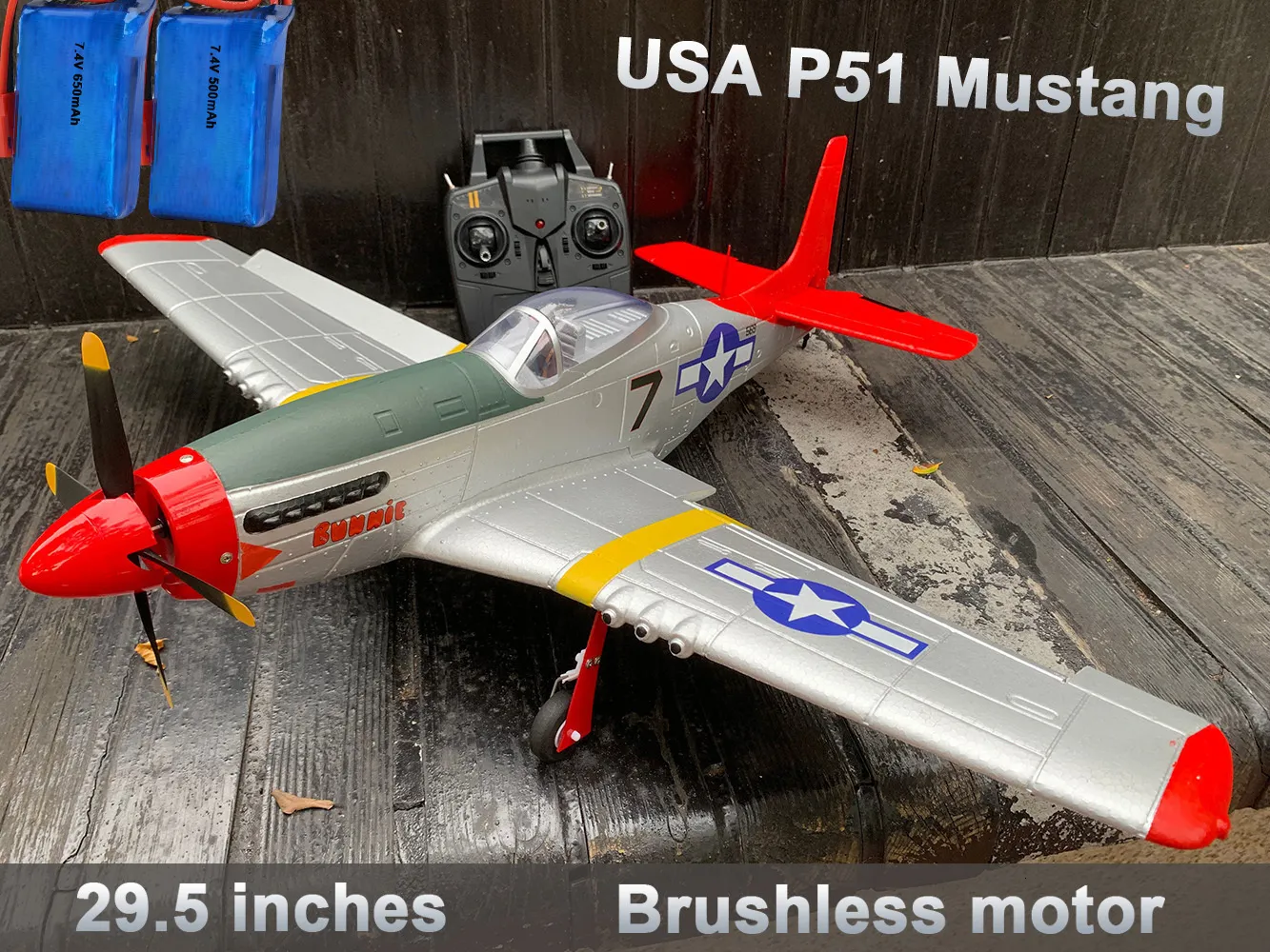 Интеллектуальный БПЛА большой 29 5 "750 мм P51 P51D Mustang Demote Dother Dother Sult 4CH 2Battery Aerobatic Bless RC Slain для профессионального 230705