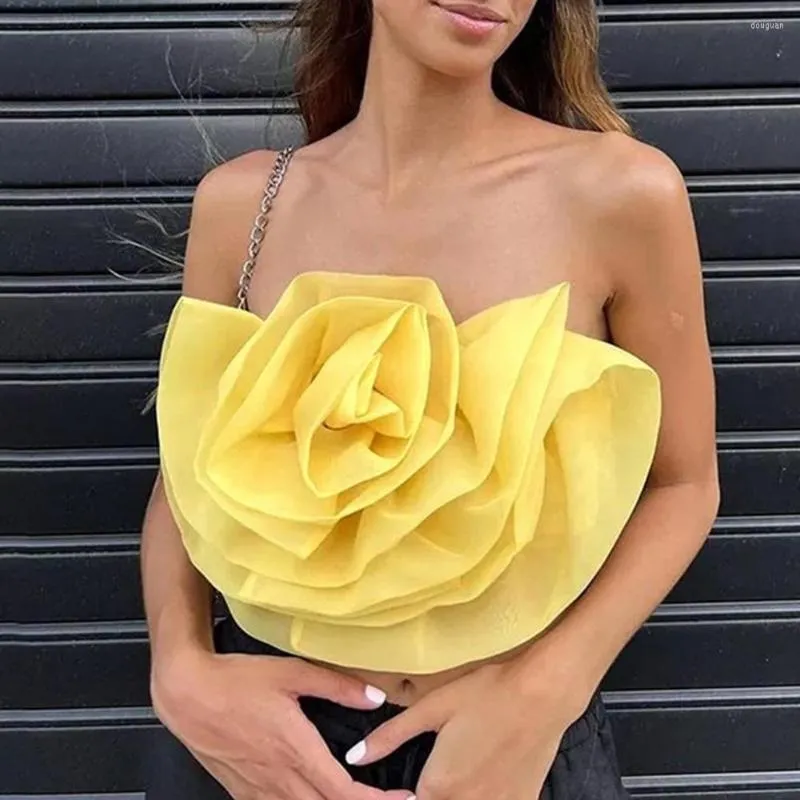 Damblusar Dam Sommartopp Stor Blomsterdekor Shoulderless Party Backless Spaghetti Strap Blommig skjorta Kort typ Ärmlös Crop