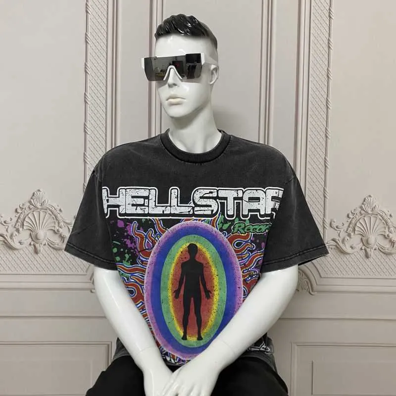 Roupas da moda de grife camisetas camisetas Hellstar americana marca de moda de rua principal padrão figura escura estampada lavável velha solta camiseta de manga curta para meninos rock