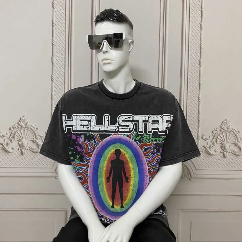 Designer Fashion Clothing Tees T-shirts Hellstar American High Street Fashion Brand Dark Figure Pattern Imprimé Lavable Vieux T-shirt à manches courtes en vrac pour garçons Rock