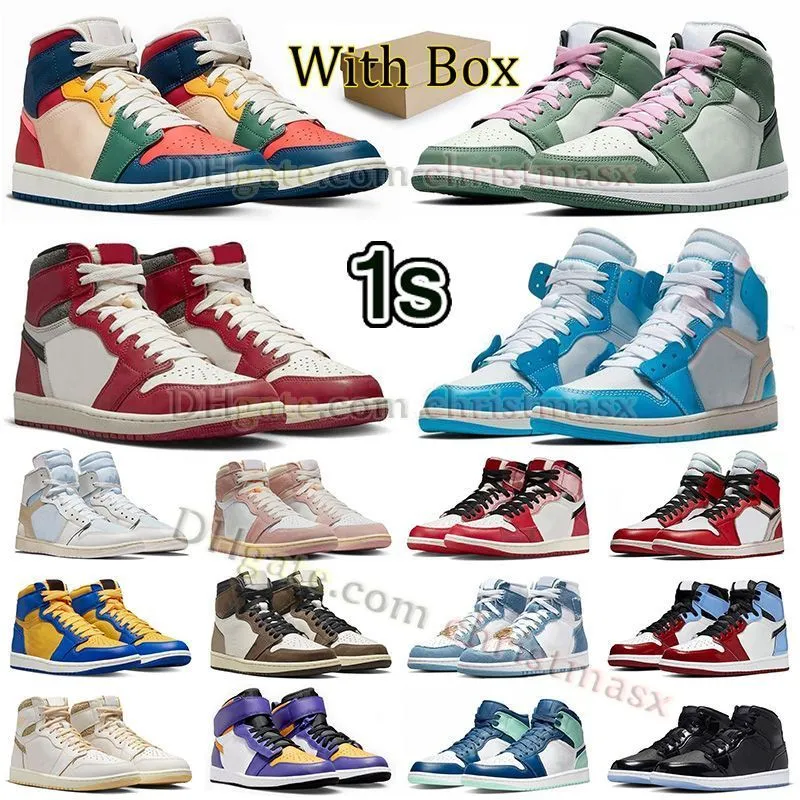 Med Box New Fashion Spider vers basketskor Jumpman 1 Mid Multicolor Dutch Green 1s High Og Chicago förlorade och hittade Mocha Low Mens Women Sneaker Outdoor Trainers