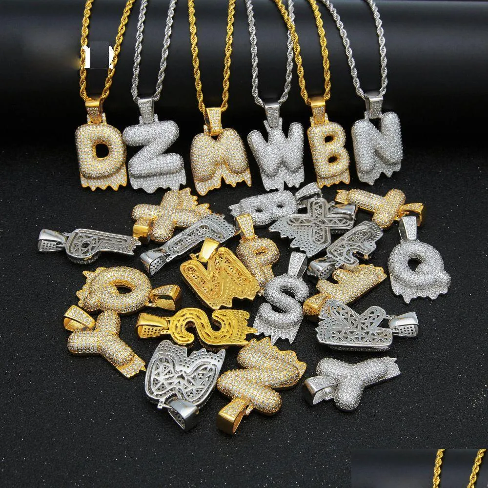 Pendant Necklaces Hip Hop Bubble Drip Initials Letters Necklace Bling Cubic Zircon Cz Drop Alphabet Twisted Rope Chain For Men Women Dhd7G