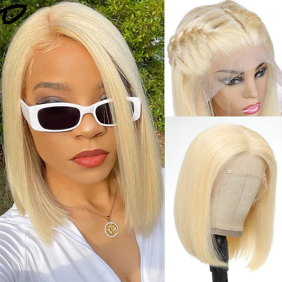 Blonde Bob perruque de cheveux humains Transparent 13x4 dentelle avant perruques droites cheveux humains Bob perruques perruques courtes cheveux pré-plumés pour les femmes