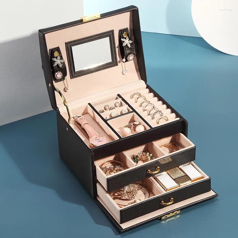 Schmuckbeutel Casegrace PU-Leder-Box-Organizer mit Spiegelschublade Schmuck-Halsketten-Ring-Ohrring-Aufbewahrungskoffer für Frauen