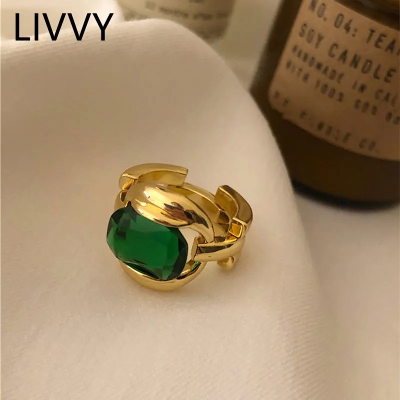 LIVVY Silver Color New Simple Design Green Stone Gold Color Rings Retro Opening Handmade Ring Fashion Fine Jewelry Trend