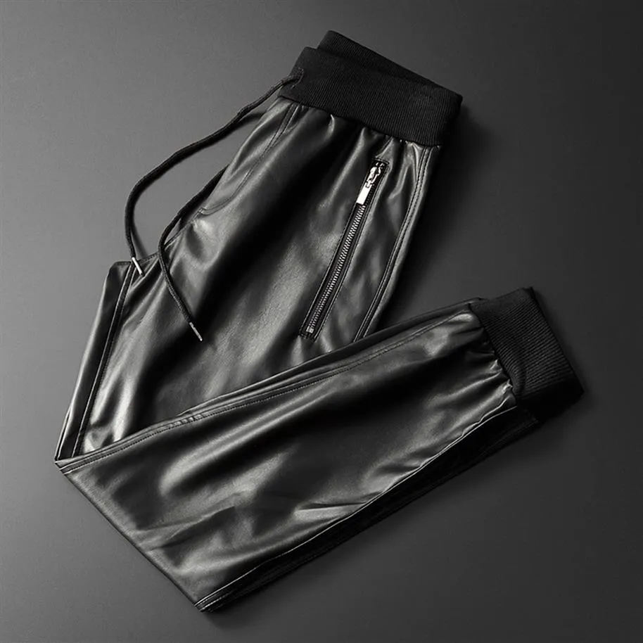 Thoshine Marke Männer Leder Hosen Überlegene Qualität Elastische Taille Jogger Hosen Zipper Taschen Männlichen Kunstleder Hosen Slim Fit 20226l