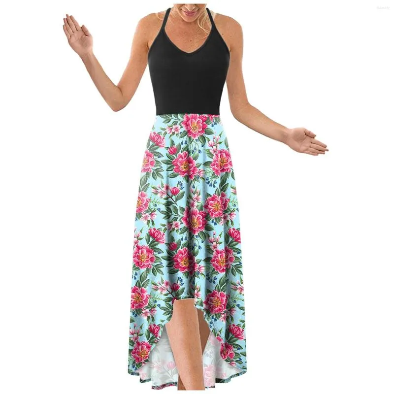 Vestidos casuais praia para mulheres 2023 vestidos de verão moda feminina decote em v sem mangas aberto nas costas estampa floral verão sling vestido robe femme