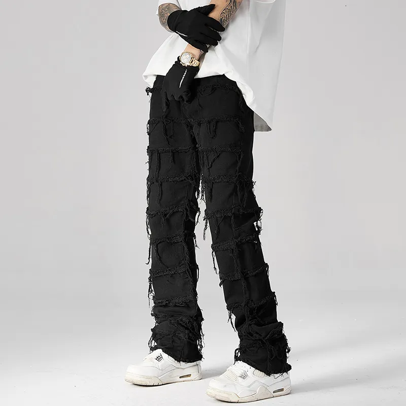 Mannen Jeans Streetwear Rood Wit Balck Jeans Mannen Slanke Rechte Gescheurd Gat Patchwork Plooien Hip Hop Punk Rock Jeans Broek Y2k Denim Broek 230705