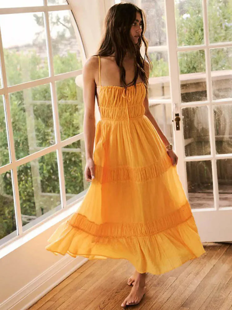 Boho Summer Maxi Dress Casual Bohemian Shirring Dress, Ruffle