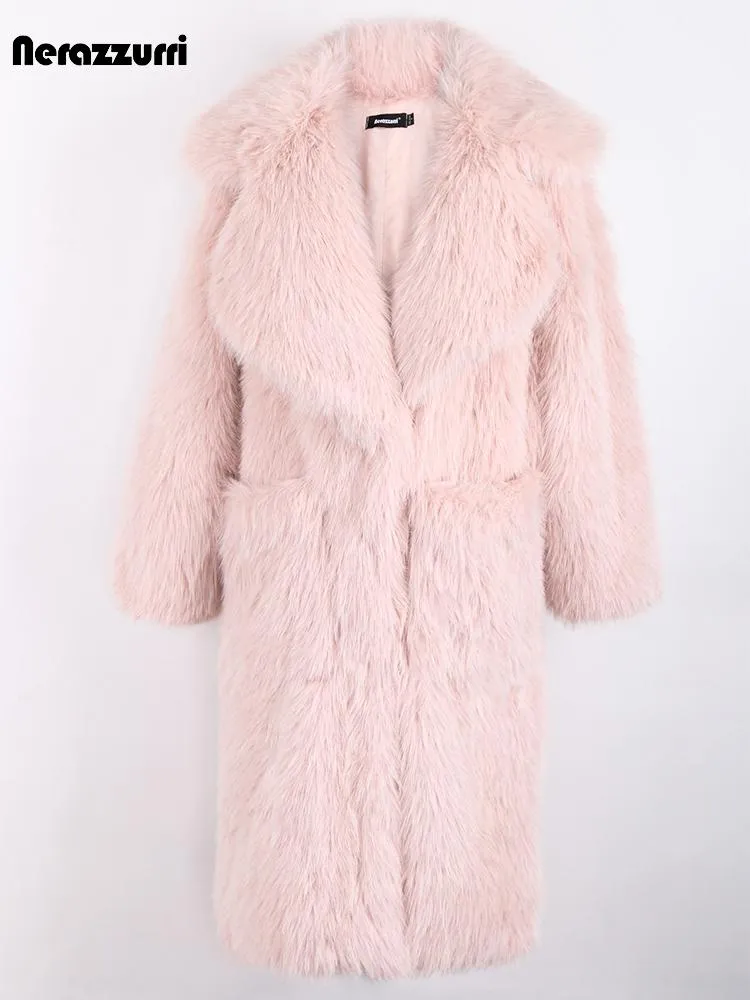 Calças nerazzurri inverno longo rosa branco preto oversized shaggy peludo grosso quente macio elegante fofo casaco de pele feminina bolsos de lapela
