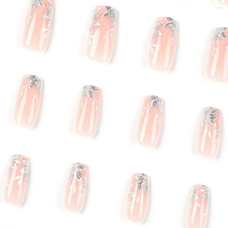 Unhas postiças 24 peças Artificiais sem odor Cobertura completa Cor prata Glitter Feminino Meninas Suprimentos para manicure falsa