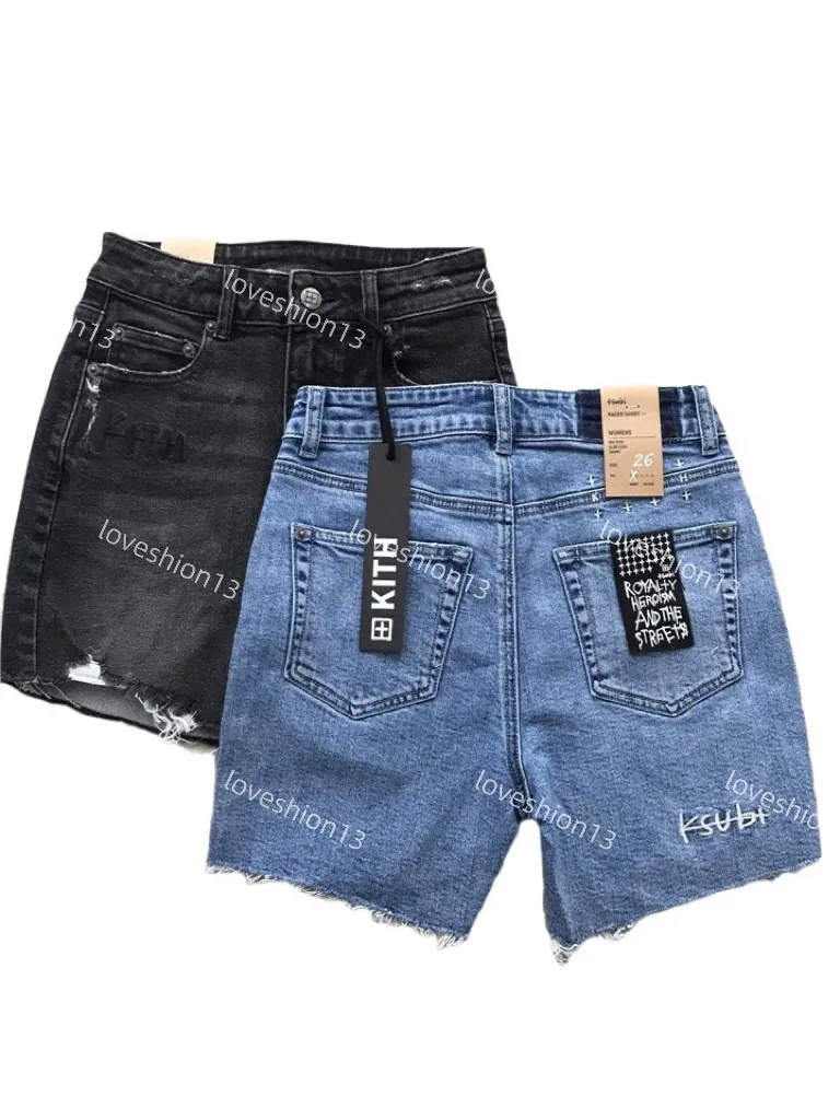 Ksubi Jeans Estivi da Donna Kith Co Branded Esclusivo Lavaggio ad Acqua Pesante Ricamato Bordo Ragged Indossato Pantaloncini di Jeans Pantaloni da Ciclismo