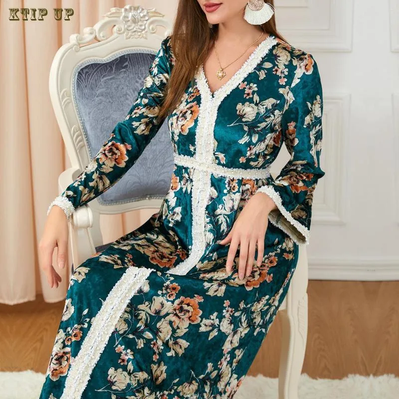 Etnische Kleding Ramadan Marokko Jurk Moslim Vrouwen Abaya Bloemenprint Gebed Lange Mouw Gewaad India Abaya Dubai Turkije Longue Vestidos