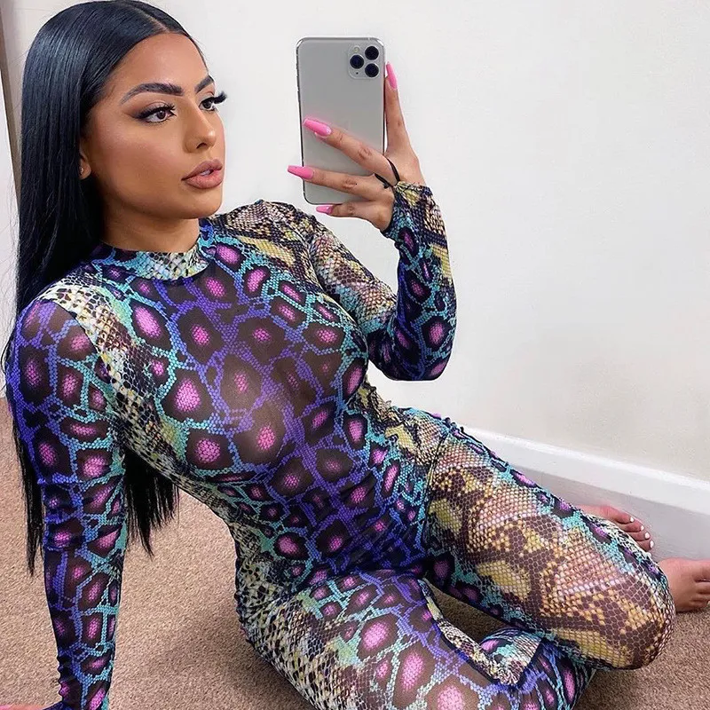 Dames Jumpsuits Rompertjes Vrouwelijke Jumpsuit Vrouwen Serpentine Print Ronde hals Jumpsuit met lange mouwen Bodysuit Bodycon Jumpsuit Skinny Jumpsuit Streetwear 230707