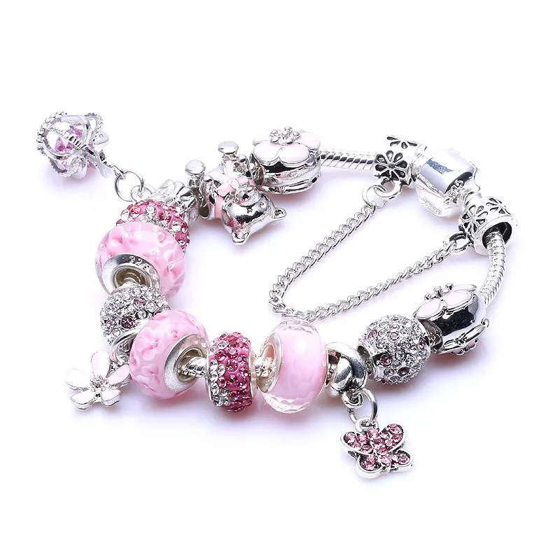 925 Sterling Silver Murano Glass Beads Pink Five Petals Flower European Charm Beads Butterfly Crown Dangle Fits  Charm Bracelets Necklace