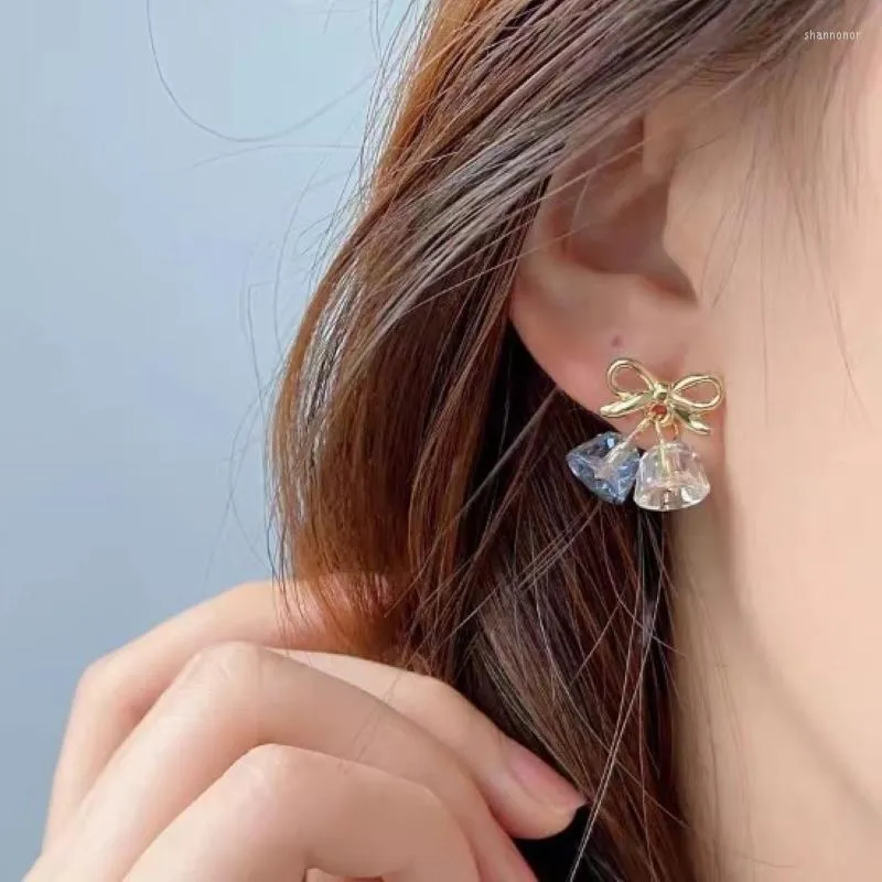 Stud Earrings Fresh Bow Clear Crystal Bell For Women Blue Wind Chimes Design Sweet Girl Jewelry