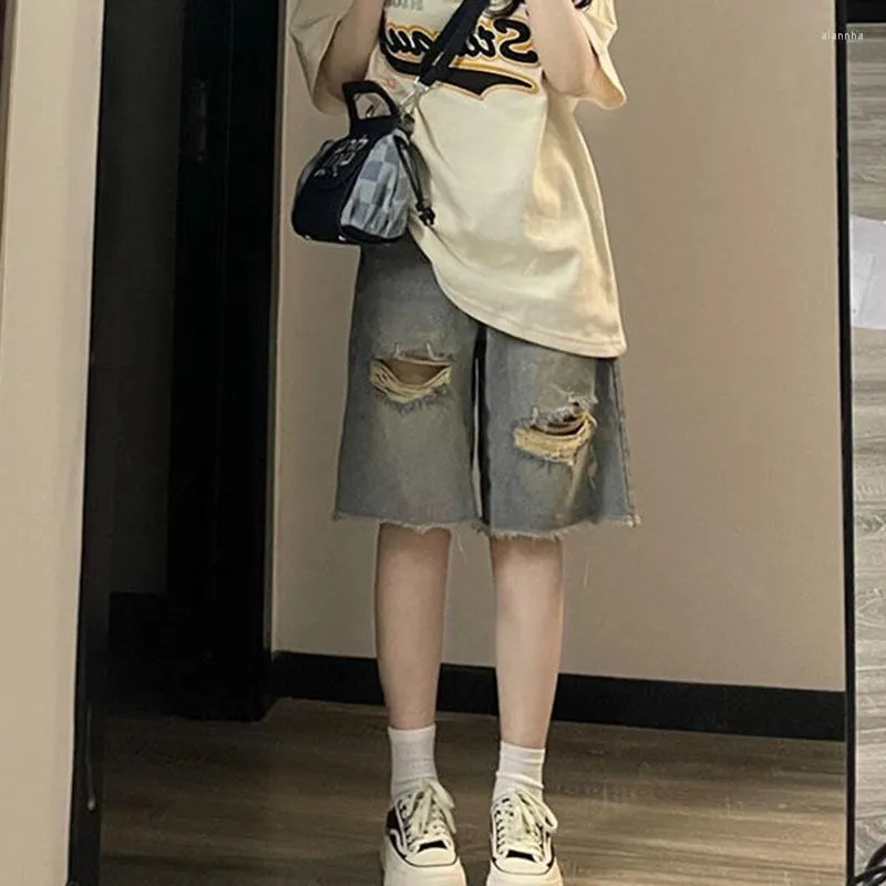 Short femme Rimocy Vintage trou déchiré Denim femmes Streetwear droite taille haute courte Janes femme été glands jambe large