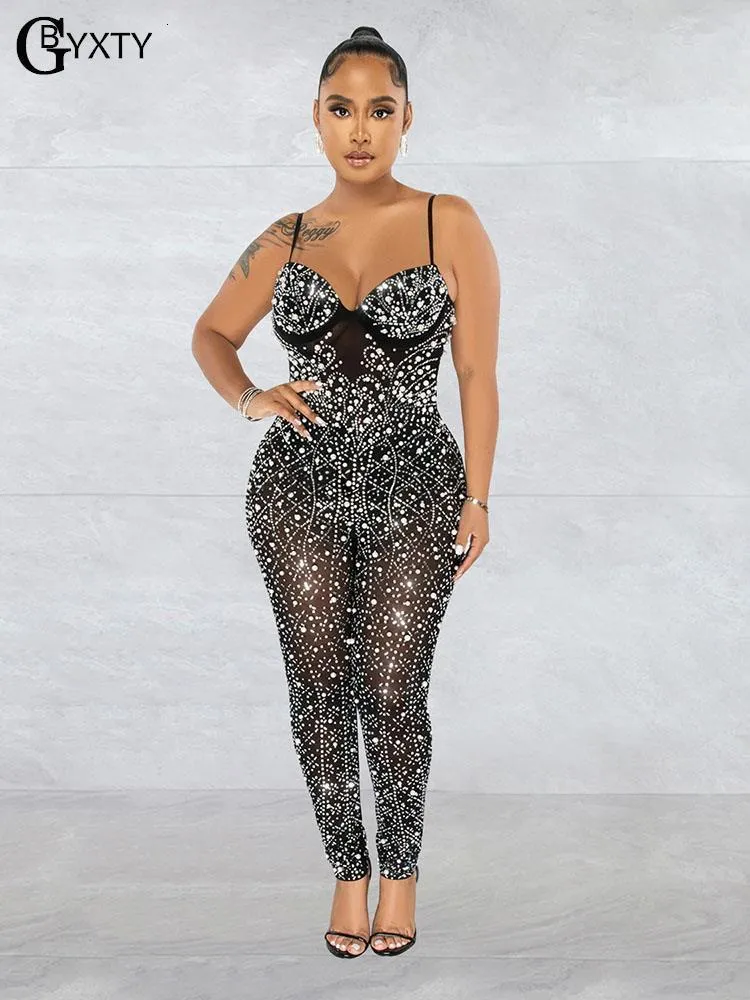 Jumpsuits för kvinnor GBYXTY Luxury Diamonds Skinny Jumpsuits Dam Nattklubbsfest Sheer Mesh genomskinlig Crystal Bodycon Jumpsuit Overall ZL1582 230707