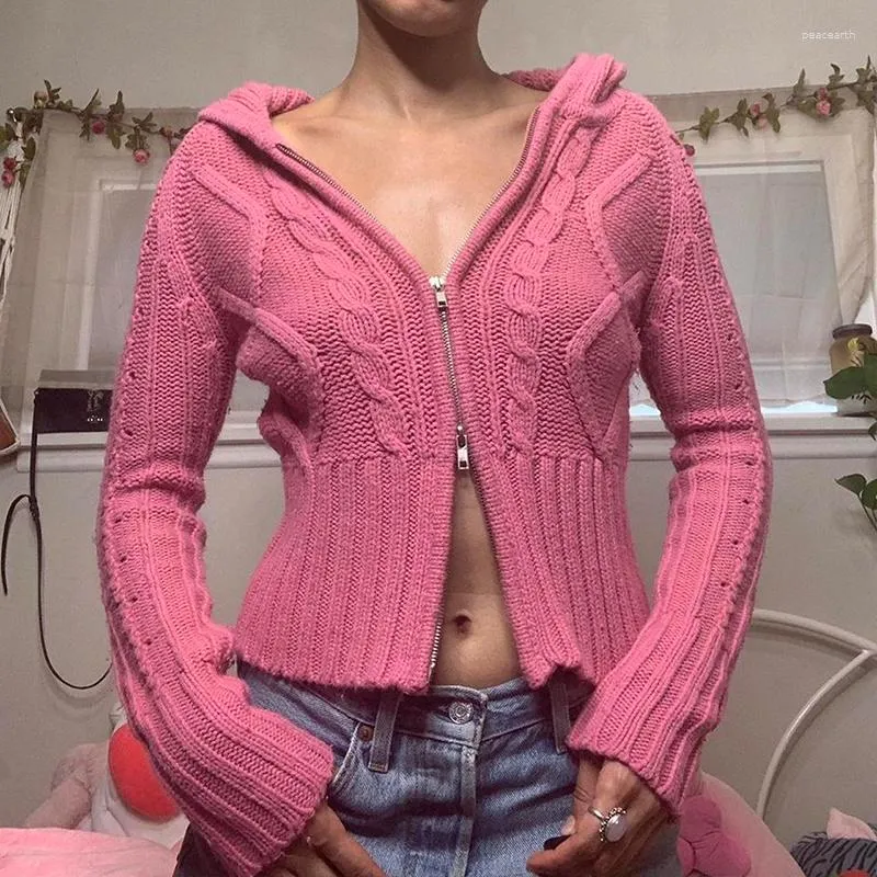 Dzianiny damskie 2023 Retro załamany sweter z dzianiny z kapturem Jesień Wiosna Długi rękaw Crop Dzianina Y2K Estetyka Vintage Zip Up Cardigans
