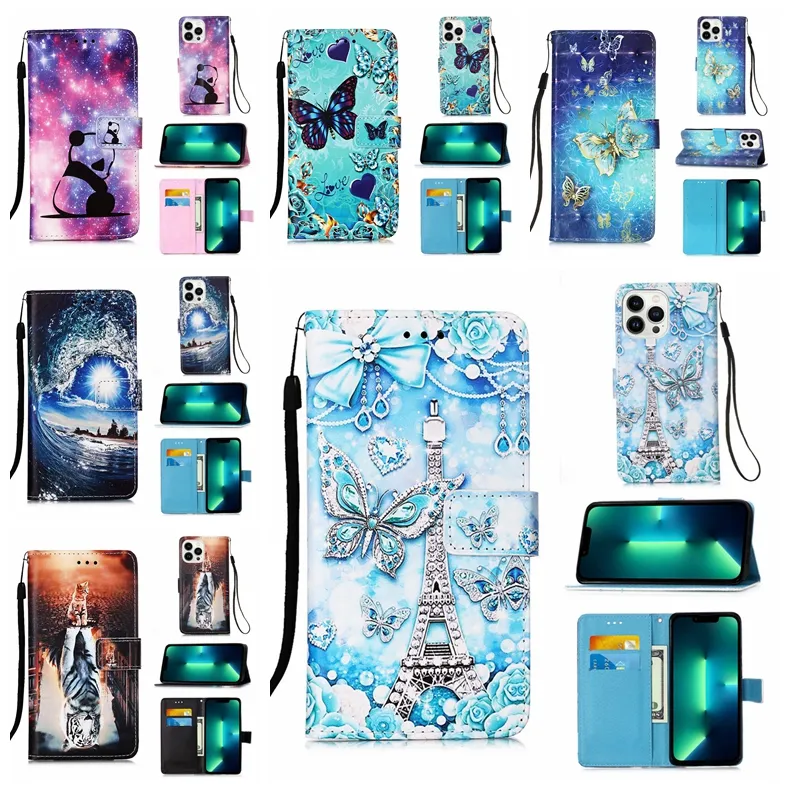 Bedruckte PU-Leder-Geldbörsenhüllen für iPhone 15 Pro Max 14 Plus 13 12 11 8 7 Samsung A34 5G Mode Spitze Blume Schmetterling Panda Tiger Turm Tier Halter Flip Cover Tasche Riemen