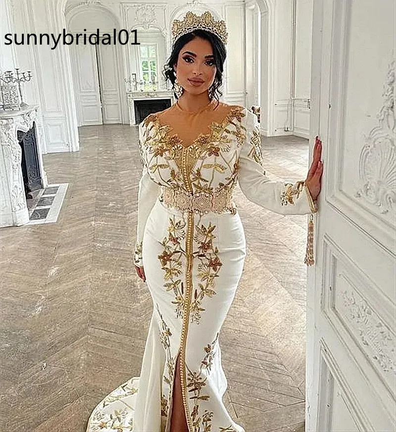 White Moroccan Kaftan Prom Dress Long Sleeves Mermaid Satin with Gold Embroidery Sheer Mesh Slit Front Caftan Evening Gown from Dhgate Prom Dresses - price 181.67 White Moroccan Kaftan Prom Dress Long Sleeves Mermaid Satin with Gold Embroidery Sheer Mesh Slit Front Caftan Evening Gown from Dhgate Prom Dresses - price 181.67