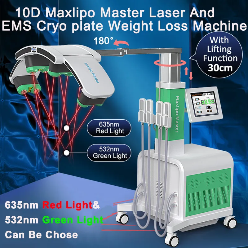 635nm 532nm Lipolaser Slimming 10D Lipo Laser Fat Reduce Weight Loss EMS Increase Muscle Cyro pads Freeze Body Shaping Machine Green Red Light 3 IN 1