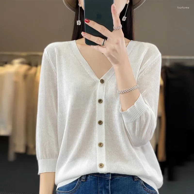 Women's Knits Summer Sweater Linen Ice Silk Cardigan Knitwear Short Sleeve 3/4 Button Air Conditioned Shirt Coat Thin Style