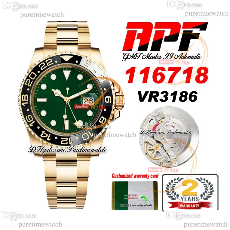 APF GMT II VR3186 VR3285 Orologio da uomo automatico Lunetta in ceramica Oro giallo 18 carati Quadrante verde Oyster 904L Bracciale in acciaio Super Edition Stessa scheda di serie Puretime E5