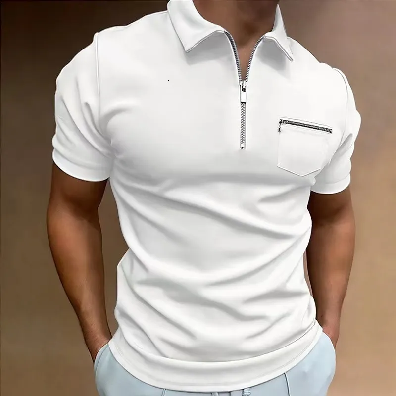 Men's Polos Summer Men's Solid Pocket zipper Color Polo Shirt Short Sleeve Turn-Down Collar Zipper T shirts Casual Streetwear Male Tops 230706