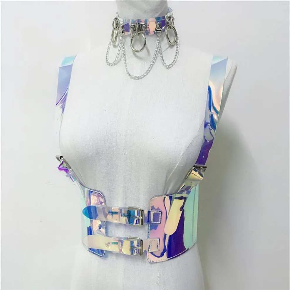Seksowne kostiumy jarretelles pcv przezroczysty genialny laser ceinture de harnais klatka corporelle pour femmes sangles holographiqu244p